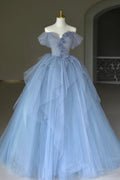 Bodenlanges Ballkleid aus Tüll, schulterfreies Abendkleid mit 3D-Blumen