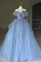 Bodenlanges Ballkleid aus Tüll, schulterfreies Abendkleid mit 3D-Blumen