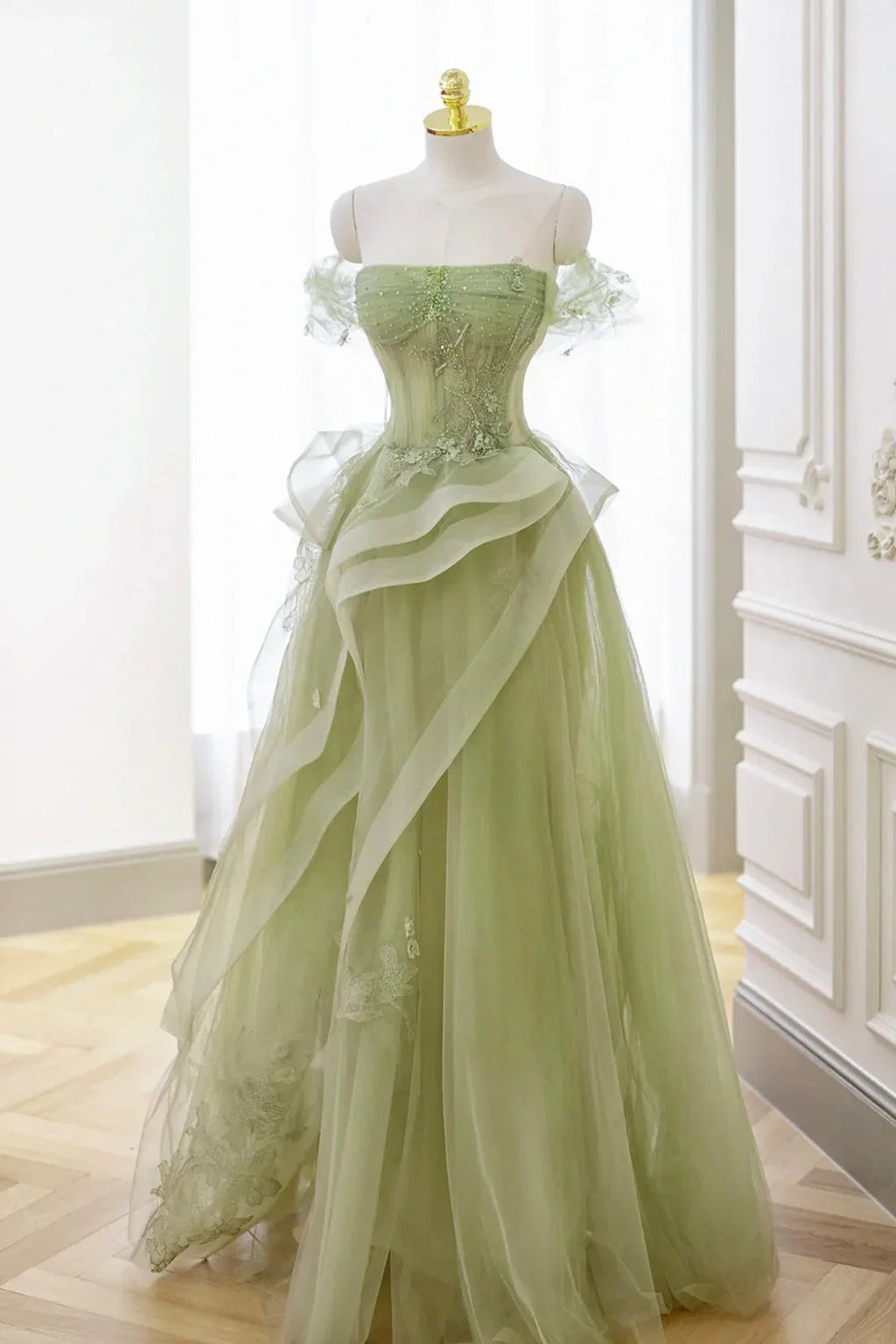 Nellie | Vestido largo de encaje de tul verde para baile de graduación con corsé, vestido verde para fiesta formal