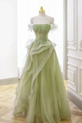 Nellie | Vestido largo de encaje de tul verde para baile de graduación con corsé, vestido verde para fiesta formal