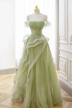 Nellie | Vestido largo de encaje de tul verde para baile de graduación con corsé, vestido verde para fiesta formal