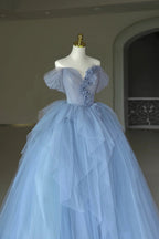 Bodenlanges Ballkleid aus Tüll, schulterfreies Abendkleid mit 3D-Blumen