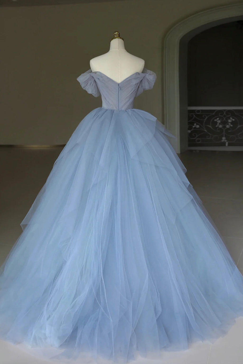 Bodenlanges Ballkleid aus Tüll, schulterfreies Abendkleid mit 3D-Blumen