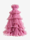 Vanessa | Rosa trägerloses A-Linien-Ballkleid aus gestuftem Knittertüll