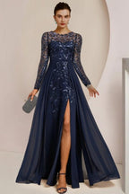 Vestido vintage de encaje para madre de la novia, escote redondo, manga larga y apliques