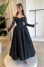 Robes de bal noires vintage en satin à manches longues, en forme de A, décolleté cœur avec applications