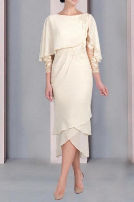 Vestido Vintage de Coluna para Mãe da Noiva em Renda com Decote Redondo e Mangas Curtas, Vestidos de Dama de Honra com Apliques