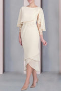 Vestido Vintage de Coluna para Mãe da Noiva em Renda com Decote Redondo e Mangas Curtas, Vestidos de Dama de Honra com Apliques