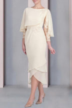 Vestido Vintage de Coluna para Mãe da Noiva em Renda com Decote Redondo e Mangas Curtas, Vestidos de Dama de Honra com Apliques