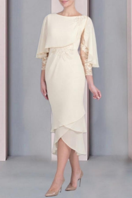 Vestido Vintage de Coluna para Mãe da Noiva em Renda com Decote Redondo e Mangas Curtas, Vestidos de Dama de Honra com Apliques