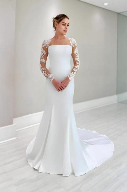 Vintage-Säulen-Brautkleid aus Satin und Spitze mit langen Ärmeln und Applikationen in Weiß