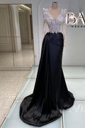 Vestido de fiesta negro vintage de satén con escote en V, manga larga y encaje con cuentas