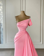 Robe de bal rose vintage en satin à col bardot sans manches avec strass