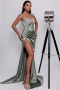Charming Column Satin One Shoulder Sleeveless Green Prom Dress With Split Front