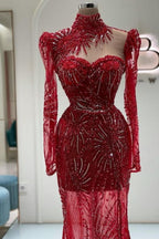 Robe de bal rouge vintage en tulle à col cœur avec manches longues et applications