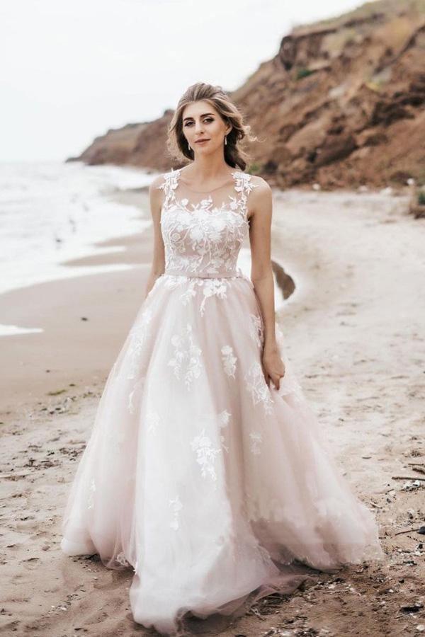 Vintage Lace Scoop Neckline A Line Tulle Wedding Bridal Dress