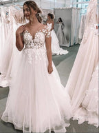 Abito da sposa vintage lungo a linea ad A con scollo a barca, applicazioni in pizzo e tulle, con maniche