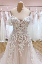 Abito da sposa vintage lungo a linea ad A, scollato sulle spalle, con scollo a cuore e schiena scoperta in tulle
