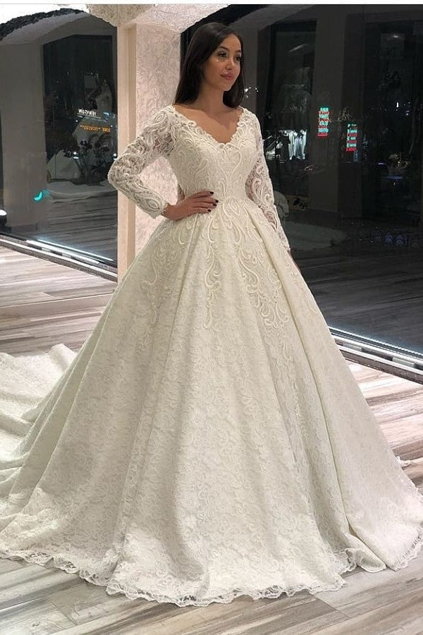 Vestido de Noiva Vintage Comprido em Linha A com Decote em V, Aplicações e Renda, com Mangas