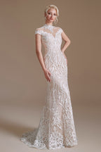 Vestido de novia vintage de sirena largo con cuello alto y encaje con mangas