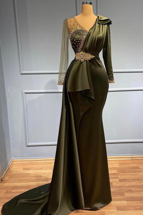 Robe de bal vintage longue sirène en satin à col en V avec perles et manches