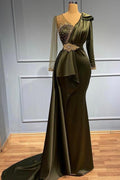 Robe de bal vintage longue sirène en satin à col en V avec perles et manches