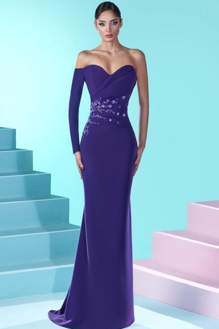 Robe de bal vintage longue violette sirène à manches longues ornée de perles