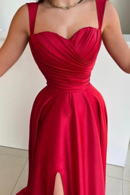 Robe de bal vintage longue rouge en satin plissé sans manches, coupe trapèze, avec fente