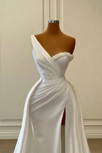 Vintage Langes Weißes One-Shoulder Perlen Ärmelloses Abendkleid Mit Schlitz