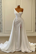 Vintage Langes Weißes One-Shoulder Perlen Ärmelloses Abendkleid Mit Schlitz
