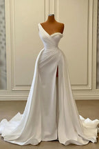 Vintage Langes Weißes One-Shoulder Perlen Ärmelloses Abendkleid Mit Schlitz