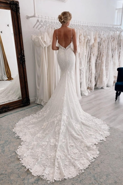 Robes de mariée vintage longues blanches à col en V en dentelle sirène