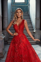 Abiti da sera vintage rossi senza maniche a linea ad A con scollo a V in tulle con applicazioni