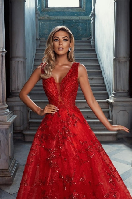 Abiti da sera vintage rossi senza maniche a linea ad A con scollo a V in tulle con applicazioni