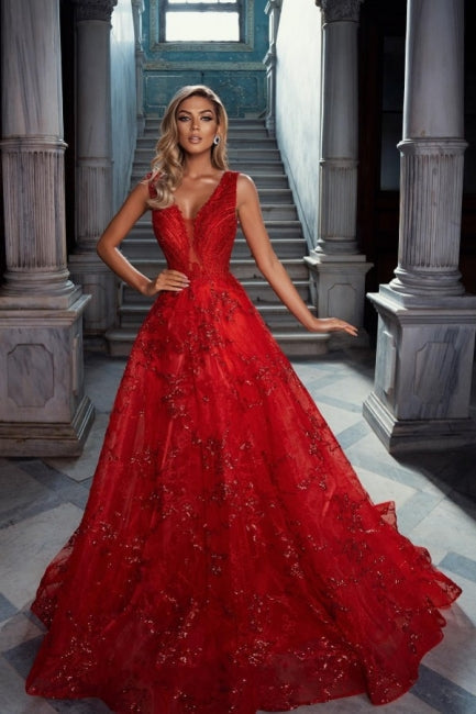 Abiti da sera vintage rossi senza maniche a linea ad A con scollo a V in tulle con applicazioni