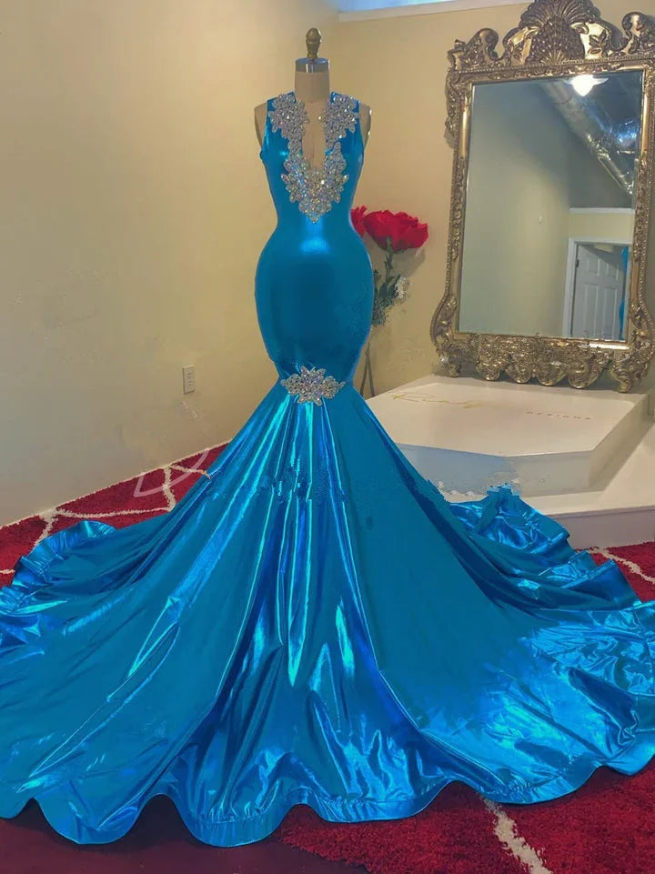 Vestidos de Baile Vintage com Apliques de Lantejoulas, Decote em V, Sem Mangas, Comprimento até ao Chão, Estilo Sereia