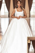 Abito da sposa vintage semplice principessa bianco in raso a linea ad A senza maniche