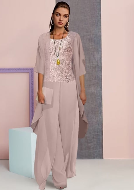 Vestido vintage de gasa de dos piezas para madre, con mangas 3/4 y corte cuadrado