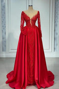 Vestidos de baile vintage com decote em V, mangas compridas de renda e corte evasé, vestido de noite