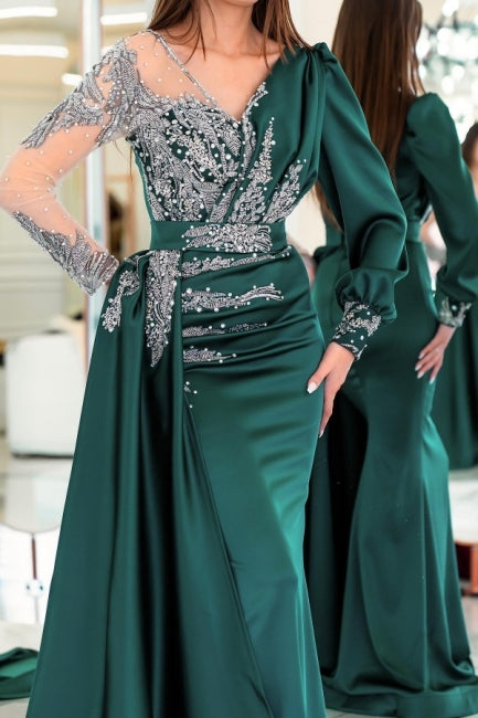 فساتين سهرة عتيقة برقبة على شكل حرف V وأكمام طويلة وتصميم عمودي على شكل حورية البحر مع كشكش