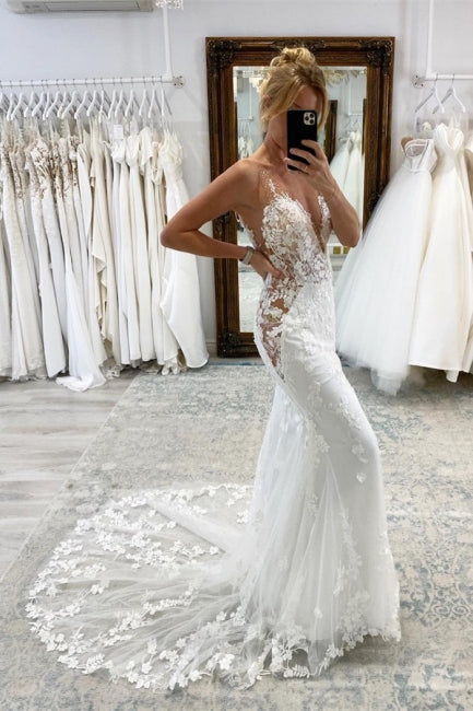 Vestidos de Noiva Vintage Brancos Compridos com Decote em V e Renda em Estilo Sereia