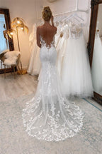 Vestidos de Noiva Vintage Brancos Compridos com Decote em V e Renda em Estilo Sereia