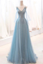 Abito lungo da sera in tulle scintillante, linea a trapezio con spalline sottili