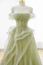 Nellie | Vestido largo de encaje de tul verde para baile de graduación con corsé, vestido verde para fiesta formal