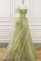 Nellie | Vestido largo de encaje de tul verde para baile de graduación con corsé, vestido verde para fiesta formal