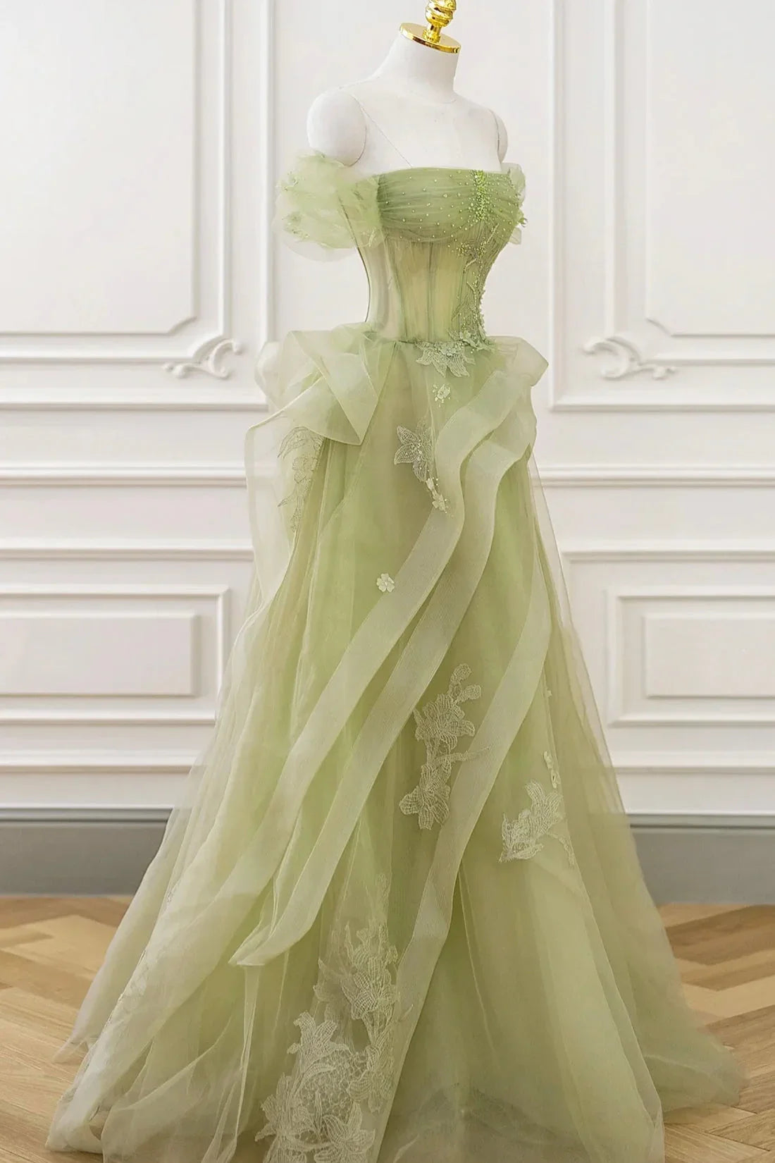 Nellie | Vestido largo de encaje de tul verde para baile de graduación con corsé, vestido verde para fiesta formal