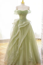 Nellie | Vestido largo de encaje de tul verde para baile de graduación con corsé, vestido verde para fiesta formal