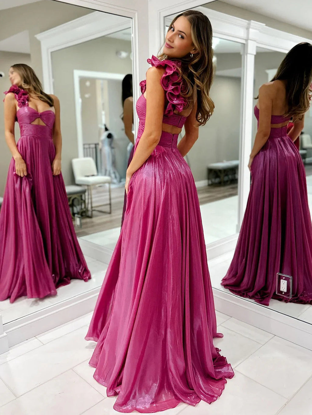 A-Line Fuchsia One Shoulder Keyhole Pleated Metallic Prom Dress with Slit