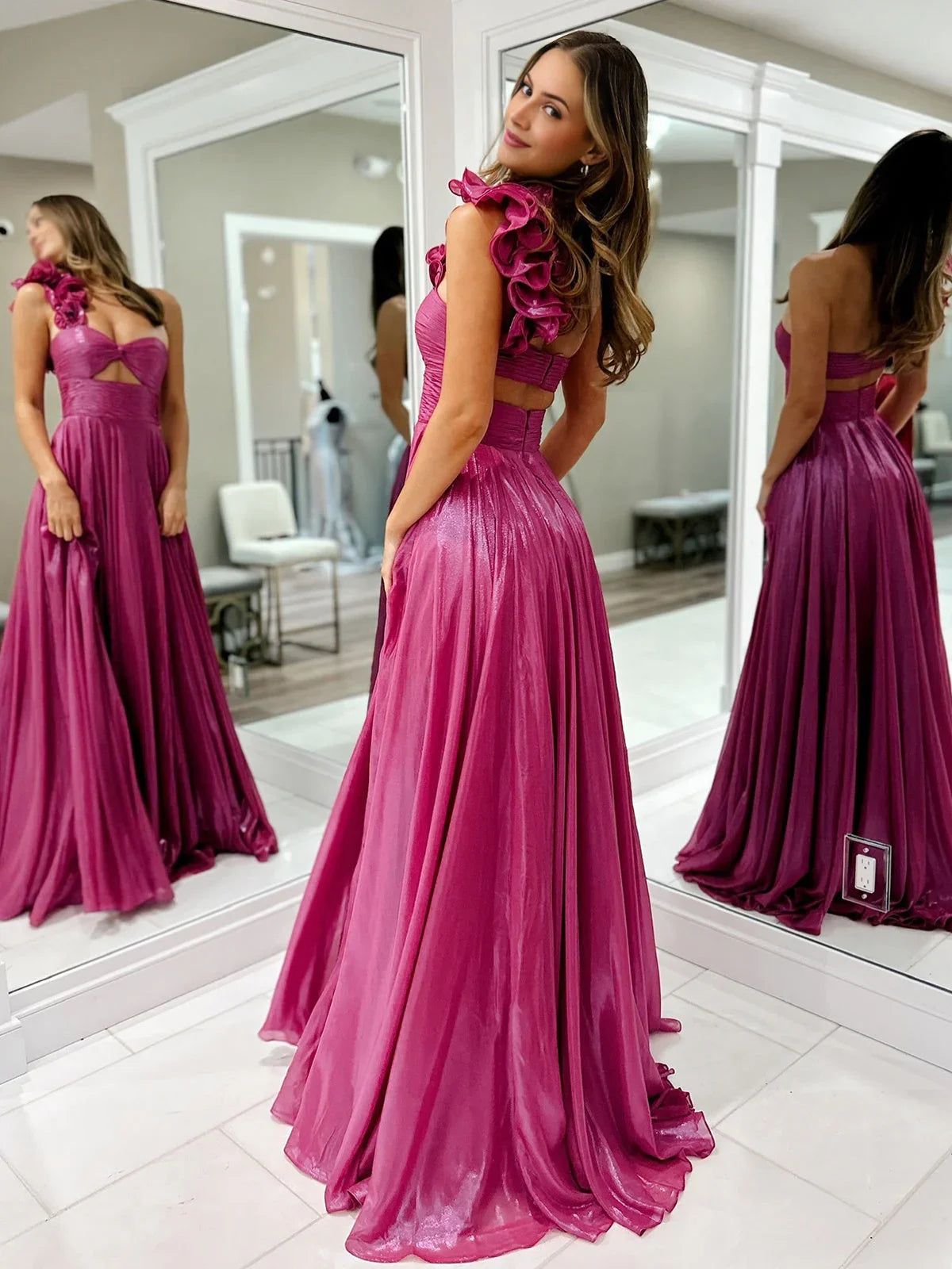 A-Line Fuchsia One Shoulder Keyhole Pleated Metallic Prom Dress with Slit