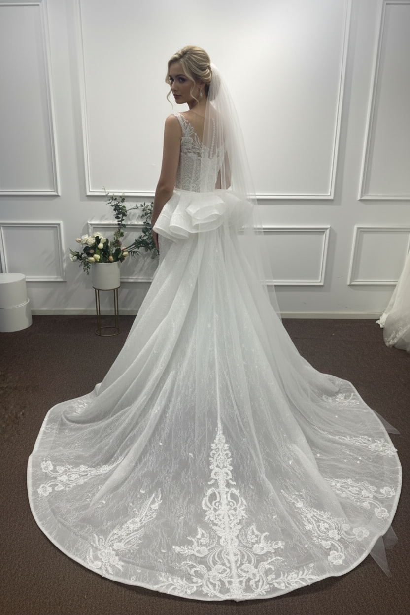 Luxuoso vestido de noiva sereia com laço grande e cauda catedral